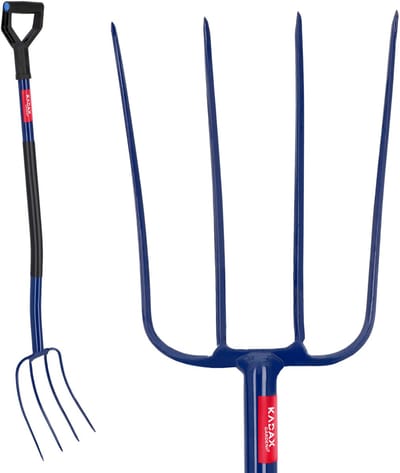 KADAX Heuvork met steel van metaal, vork van staal, grafvork met D-greep, vork voor tuin, tuinvork, mestvork, spatvork (4 tanden)