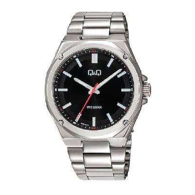 Q&Q-heren horloge-model q05c-001py-zilverkleurig-zwarte wijzerplaat-5 bar waterdicht-diameter 42 mm