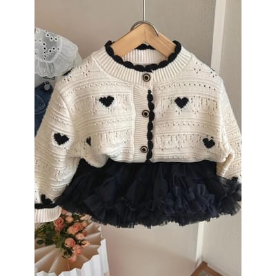 Nouveau Cardigan Pull d'Automne pour Filles, Cardigan à Boutonnage Simple Cœur à Manches Longues, Style Coréen, Veste pour Bébé Fille 4-5Y beige