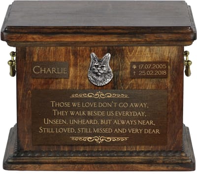 Persoonlijke urn voor hondenas met Maine Coon gravure en gedenkdoos