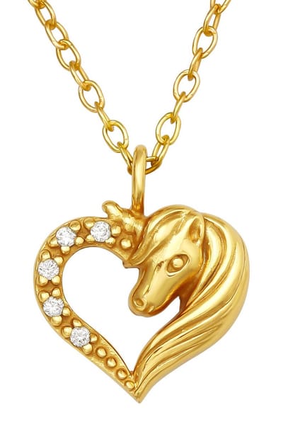 Joy|S - Zilveren hartje hanger met eenhoorn - unicorn - inclusief ketting 39 cm (verstelbaar extra oogje op 36 cm) - zirkonia - gold plated - goudkleur