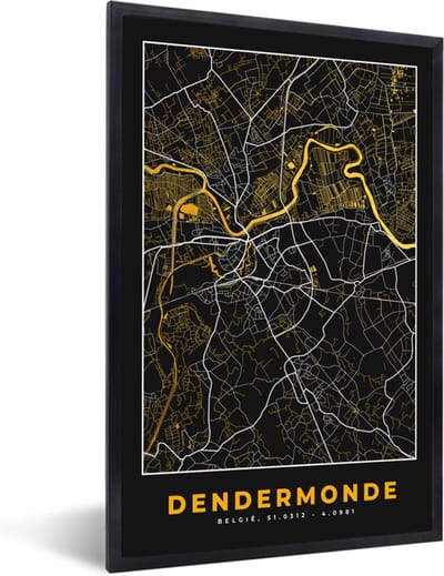 Fotolijst incl. Poster - Dendermonde - Goud - Kaart - Stadskaart - Plattegrond - 40x60 cm - Posterlijst