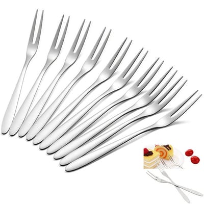 10 stuks - Roestvrijstalen fruitvorkjes - Tweepuntige vorkjes - Creatieve dessertvorkjes - Fruitstokjes voor thuis en in restaurants - Taartvorkjes - Mini salade- Zilver - 13 x 1 cm - Geschikt voor verjaardagsfeestjes, bruiloften en restaurants