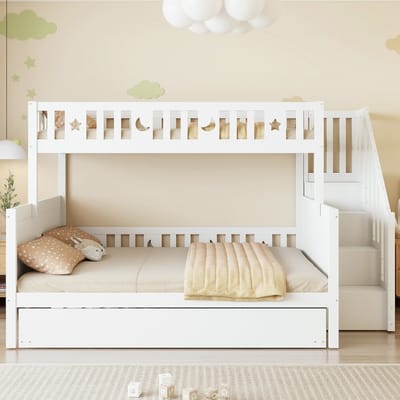 VVBV Stapelbed Kinderen 90x200 / 140x200 cm met Uitschuifbed, Massief Hout, Veilige Trap en Lattenbodem, Wit