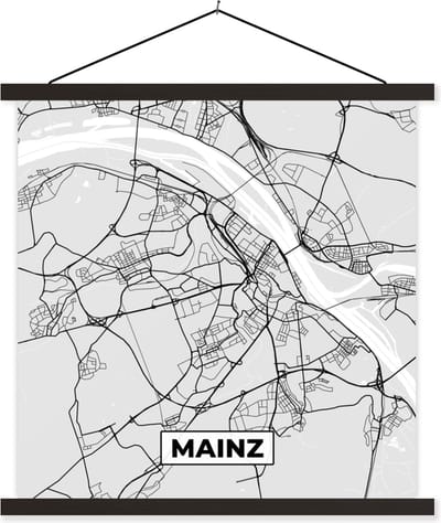 Posterhanger incl. Poster 60x60 cm - Schoolplaat - Mainz - Kaart - Stadskaart - Plattegrond - Duitsland - Textielposter - Zwarte latten - Stadskaart