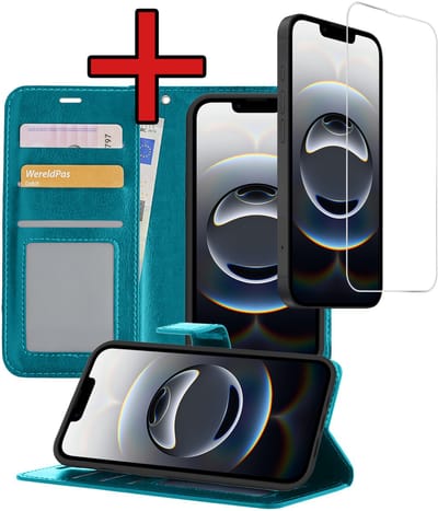 Hoesje - Met Screenprotector - Geschikt voor Apple iPhone 16e / 17e - Luxe Pasjeshouder - Flipcase - Bookcase Portemonee - Flip Case - Kunstleer Book Case - Book Cover - Walletcase - Portemonneehoes - Telefoonhoes - Turquoise