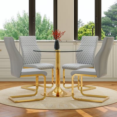 OKWISH Eethoek Set 85 Cm - Ronde Glazen Tafel Met 4 Eetkamerstoelen - Voor Eetkamer Of Keuken - Metaal En PU - Goud