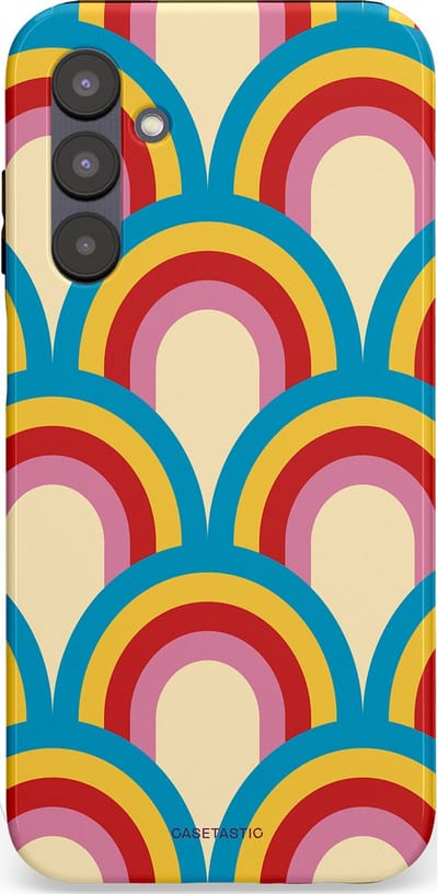 Casetastic hoesje geschikt voor Samsung Galaxy A25 - Dubbellaagse bescherming - Retro regenboog - Fashion Case - Lichtblauw Crème Goud Rood