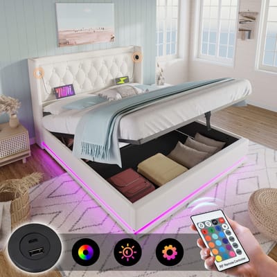 Gestoffeerd bed, tweepersoonsbed 180*200 cm, wit PU-materiaal, hydraulisch opbergbed, gewatteerd hoofdeinde met USB Type-C oplaadfunctie, 3-zijdige LED-verlichting (exclusief matras)
