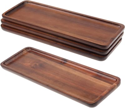 Set van 4 Houten Dienbladen 29x11cm, Rechthoekige Houten Schalen met Opstaande Rand voor Keuken, Koffiebar en Restaurant