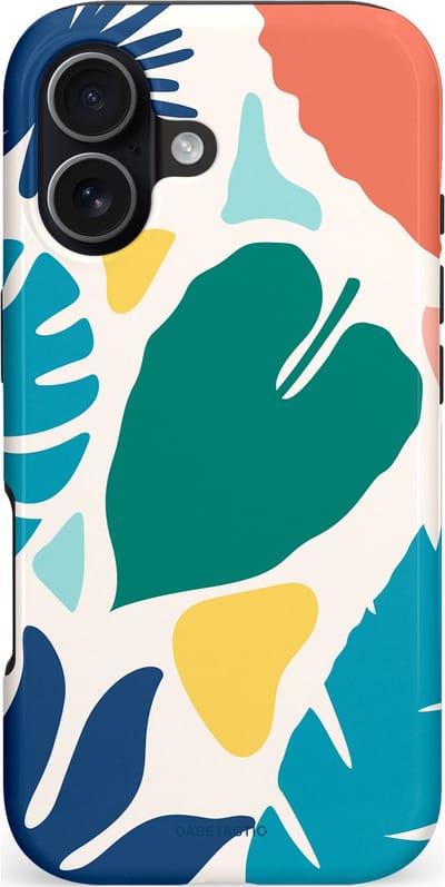 Casetastic hoesje geschikt voor Apple iPhone 17 - MagSafe - Dubbellaagse bescherming - Moderne Kunstbladeren - Fashion Case - Petrol Wit Koraal Lichtgrijs