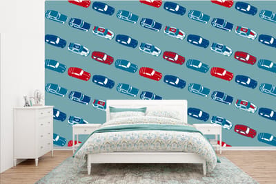 Behang - Fotobehang Patroon - Auto - Race - Jongens - Kinderen - Kids - Kind - Breedte 385 cm x hoogte 240 cm