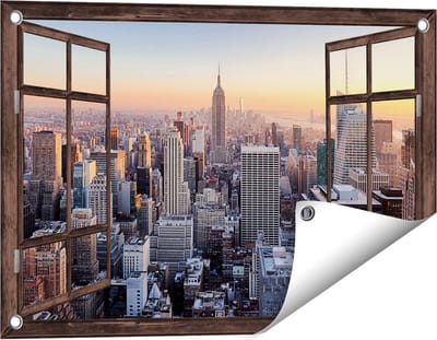 Gards Tuinposter Doorkijk New York Skyline met Wolkenkrabbers - 60x40 cm - Tuindoek - Tuindecoratie - Wanddecoratie buiten - Tuinschilderij