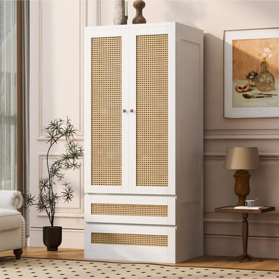 Witte dubbele deurkast 70x55x170cm met deuren in rotan-stijl, laden en opbergplanken