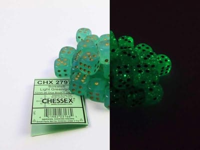Chessex Borealis D6 12mm Lichtgroen/goud Lichtgevend Dobbelsteenset (36 stuks)