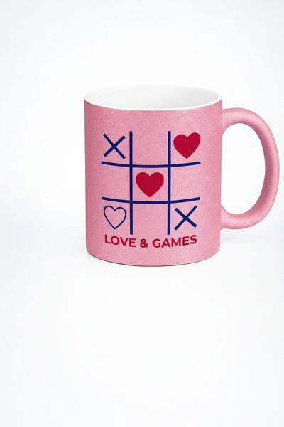 Roze Glitter Mok met 'Love & Games' Tic Tac Toe Design | Origineel Cadeau Liefde & Spelletjes
