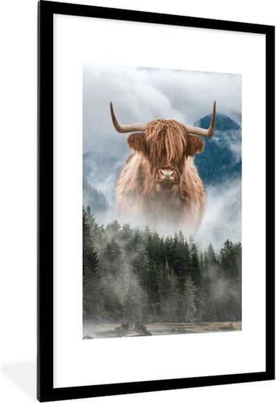 Fotolijst incl. Poster - Mist - Schotse Hooglander - Bergen - 60x90 cm - Posterlijst