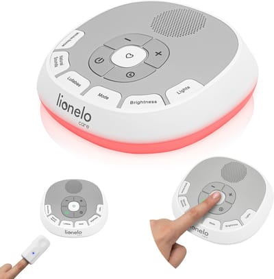 Lionelo BabyNap Muziekdoosje & Nachtlampje 2-in-1 – 20 geluiden incl. witte ruis & slaapliedjes – 11 lichtkleuren met dimfunctie – LoveBeat hartslagopname – Timer 15/30/60 min – Compact & draagbaar, batterij tot 24u