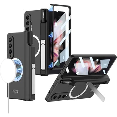 Pour Magsafe Samsung Galaxy Z Fold 3 Case Chargement sans fil Charnière magnétique Porte-stylo Béquille Antichoc Couverture rigide Accessoires for Galaxy Z Fold 3&case only (no pen) gray