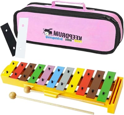 Klokkenspel met Tas - Muziekspel Kinderen - Muziek Maken - 13 Kleurrijke Tonen - 11 Tonen + F# Bb - Roze