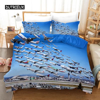 Vliegtuig Dekbedovertrek Vliegend Vliegtuig Beddengoedset Voor Kinderen Jongens Meisje Polyester Vliegtuig Print Dekbedovertrek Tweepersoons Queen Kingsize EU single(135x200cm)