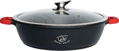 Royal Swiss® Kookpot Ø36 cm – 7L – Grote Braadpan met Marmeren Antiaanbaklaag & Steencoating – Met Glazen Deksel – Geschikt voor Inductie & Alle Kookplaten