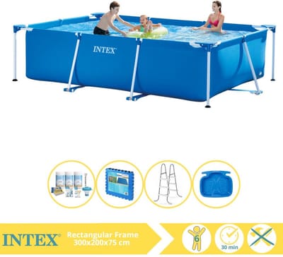 Intex Rechthoekig Frame Zwembad - 300 x 200 x 75 cm - Blauw - Inclusief Onderhoudspakket - Ladder - Voetenbad - Vloertegels - 5-delig