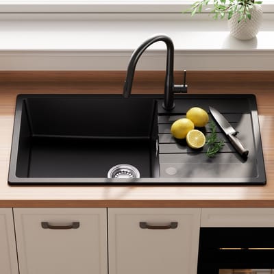 CECIPA MAX Spoelbak Keuken - Graniet Spoelbak 86x45CM Zwart - Spoelbakken Keuken- Spoelbakken Met Afdruip - Opbouw Spoelbak