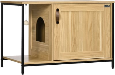 PawHut kattentoilet, kattenmeubels, kattenbak, industriële stijl, deur, entree, zijde, hangende bal, frame, staal, licht, drinkbak, uiterlijk.