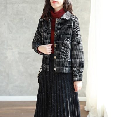 Pull en vison pour femme, manteau court, Version coréenne, tricot ample, mille oiseaux, haut à carreaux, automne et hiver S noir