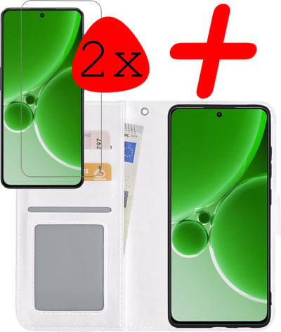 Hoesje Met 2x Screenprotector - Geschikt voor OnePlus Nord 3 - Luxe Pasjeshouder - Bookcase Portemonee - Flip Case - Kunstleer Book Case - Flipcase Hoes - Book Cover - Walletcase - Portemonneehoes - Wit