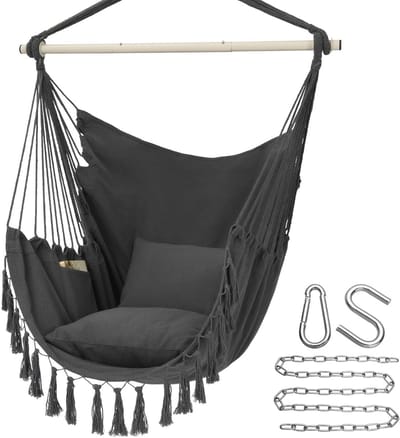 Ruime Hangstoel met Kussens en Zak - Macramé Hangmat voor Binnen en Buiten - Max 150 kg