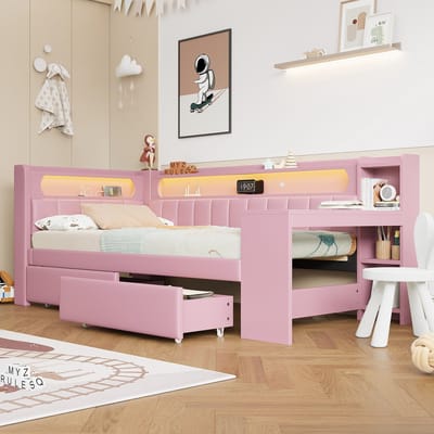 MODFU - Daybed 90x200 cm – Met bureau, 2 lades, LED & USB – Roze