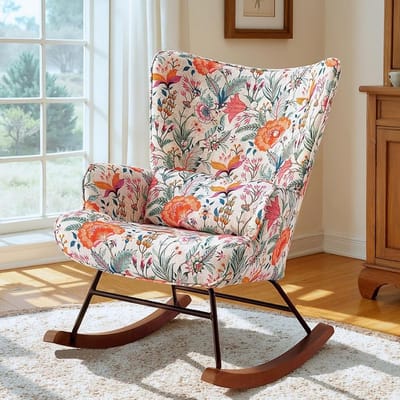 HomeMiYN Schommelstoel – Linnen Look Oranje Bloemen Design Rocking Chair – Warme Bloemen Fauteuil – Comfortabele Wipstoel met Hoge Rugleuning voor Woonkamer en Slaapkamer