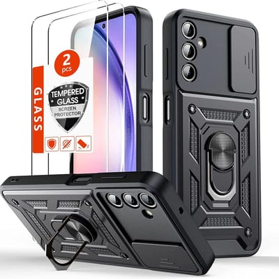 Casemania Hoesje Geschikt voor Samsung Galaxy A05s - Zwart & 2x Glazen Screenprotector - Anti-Shock Hybrid Armor Back Cover - Hoes met Kickstand Ring en Camera Bescherming