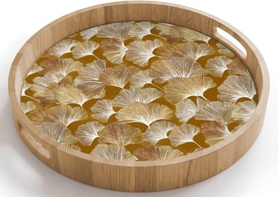 Dienblad rond 40x40 cm - Schootdienblad hout - Ginkgo - Bladeren - Goud - Borrelplank rechthoek - Plateau houten dienbladen