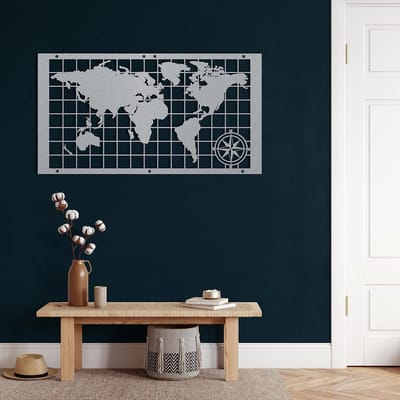 Metalen Wereldkaart - Wanddecoratie Continenten - Woonkamer Decoratie - 3D Zwevend Effect - 117x65cm - Zilver