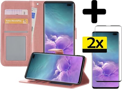Hoesje - Met 2x Screenprotector - Geschikt voor Samsung Galaxy S10 - Luxe Pasjeshouder - Bookcase Portemonee - Flip Case - Kunstleer Book Case - Flipcase Hoes - Book Cover - Walletcase - Portemonneehoes - Telefoonhoesjes - Rosé goud