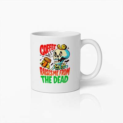 Coffee Raises Me from the Dead Mok 330ml – Grappige Schedel Koffiebeker voor Ochtendliefhebbers – Perfect Cadeau voor Koffieverslaafden en Halloween Fans