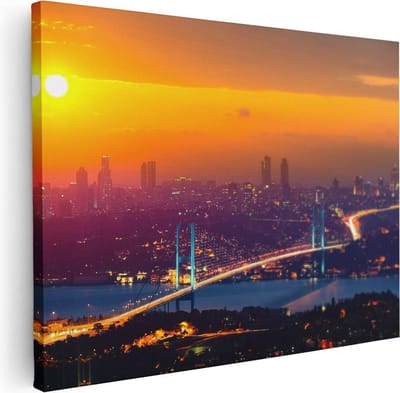 Artaza Canvas Schilderij Skyline - 40x30 cm - Klein - Wanddecoratie Zonsondergang - Muurdecoratie Stad - Kamer Accessoires Istanbul