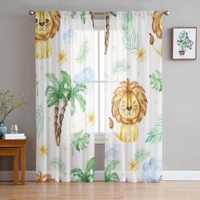 Leeuw Schets Savannah Dier Wildernis Natuur Exotisch Chiffon Doorzichtig Gordijn voor Woonkamer Slaapkamer Raam Voiles Tule Gordijn 135W x 114H(cm) white