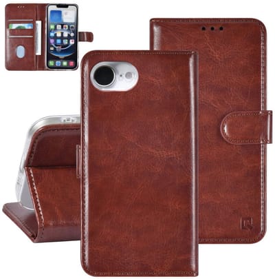 Multimedia & Accessoires PU Lederen Book Case Hoesje geschikt voor Apple iPhone 16e/iPhone 17e – Bruin - Portemonnee – Met Stand – Kaarthouder – Pasjes Houder – 3 Pasjes - Magneet Sluiting – Bookcase