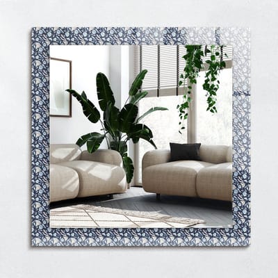 Wallfluent Spiegel - Blauw Bloemenpatroon Vierkante Spiegel - 60x60 cm - Blauw Spiegel op gehard Glas - Design Spiegel - Spiegel - voor slaapkamer kleedkamer woonkamer - Make-up Spiegel - Boho Spiegel - Eenvoudige installatie