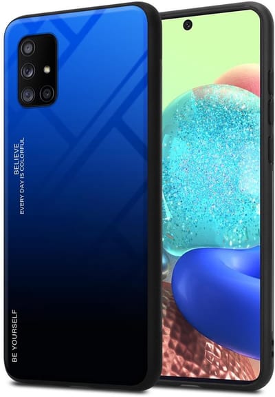 Cadorabo Hoesje geschikt voor Samsung Galaxy A71 5G in BLAUW - ZWART - Tweekleurige beschermhoes van TPU-silicone Case Cover en achterzijde van gehard glas