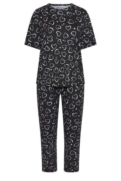 Yours Curve Pyjama Met Hartprint En Wijde Pijpen In Zwart Size 40-42