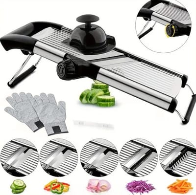 Dutchers® Verstelbare Mandoline Snijder – RVS Groentesnijder & Snijmachine – Snijhulp voor Groente & Fruit – 1 tot 9mm Snijdikte – Keuken Snijder – Incl. Snijhandschoen & Voedselhouder – Mandoline Rasp