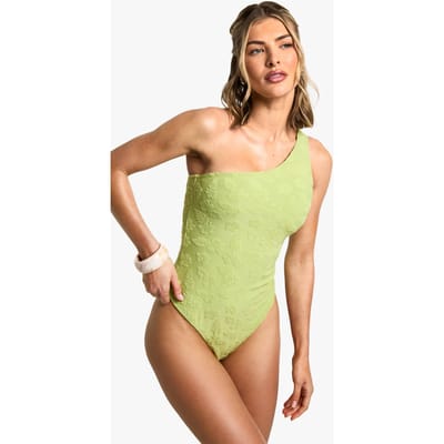 boohoo Dames Hibiscus Bloem Relief Éen-Schouder Zwempak | Green | Maat: 6