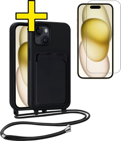Hoesje Geschikt voor iPhone 14 Pro Max Telefoonhoesje Met Koord Case Pashouder Met Screenprotector Siliconen - Hoes Geschikt voor iPhone 14 Pro Max Hoesje Met Kaarthouder - Zwart