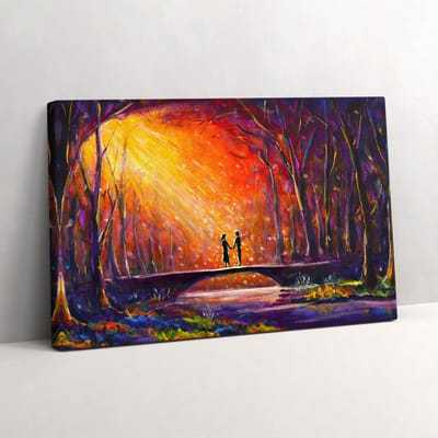 Wallfluent Foto Op Canvas Een verliefd stel geschilderd met waterverf - 30 x 20 cm - Claret Schilderijen Op Canvas Doek - Liefde Canvas Foto - Natuur Schilderij Op Doek - Liefde Canvas Schilderij
