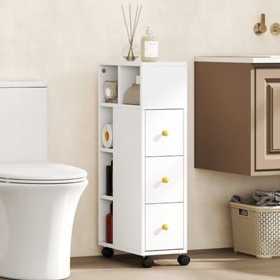Wishdor - Smalle Badkamerkast - Ruimtebesparend Met 3 Laden En 5 Open Vakken En 4 Wielen Met 2 Remmen - Modern Ontwerp Voor Smalle Nissen In De Badkamer - Vochtbestendige Houten Opbergkast - Wit - 20 X 40 X 80 Cm